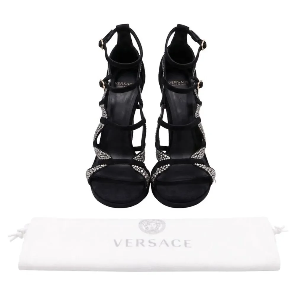 Versace Crystal Embellished Gladiator Sandals in Black Suede